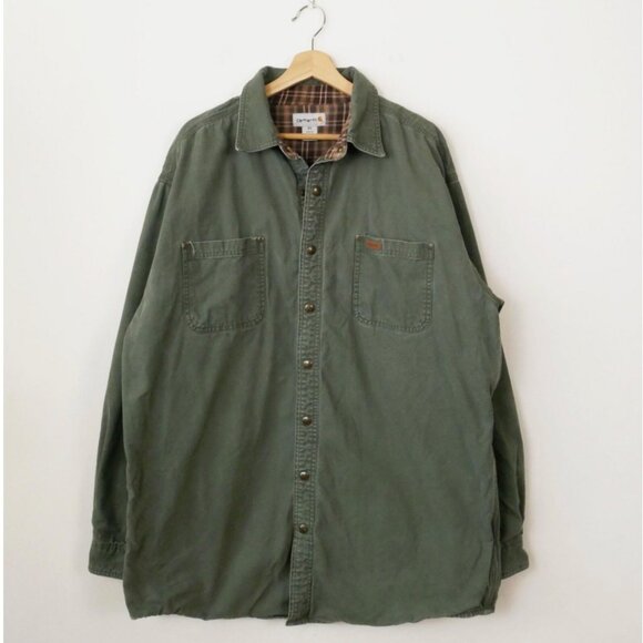 Carhartt Olive Green Flannel Lined Duck Canvas Snap Button Jacket Men's XL - Picture 1 of 10